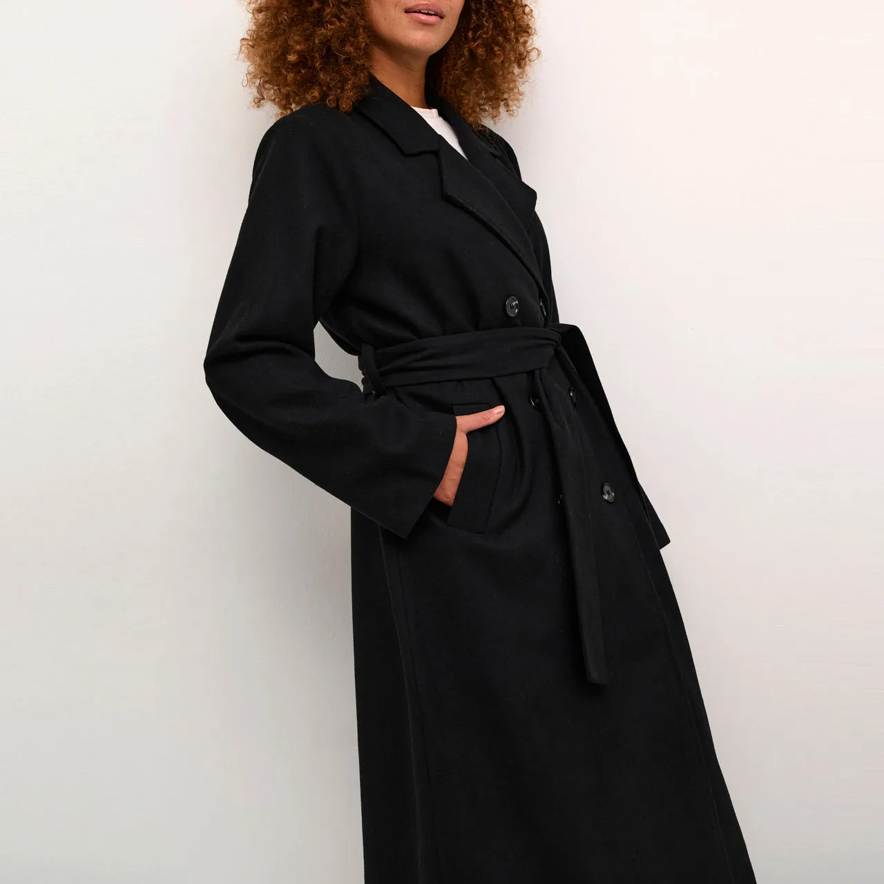 KAFFE Fanny Double-Breasted Belted Coat - Black