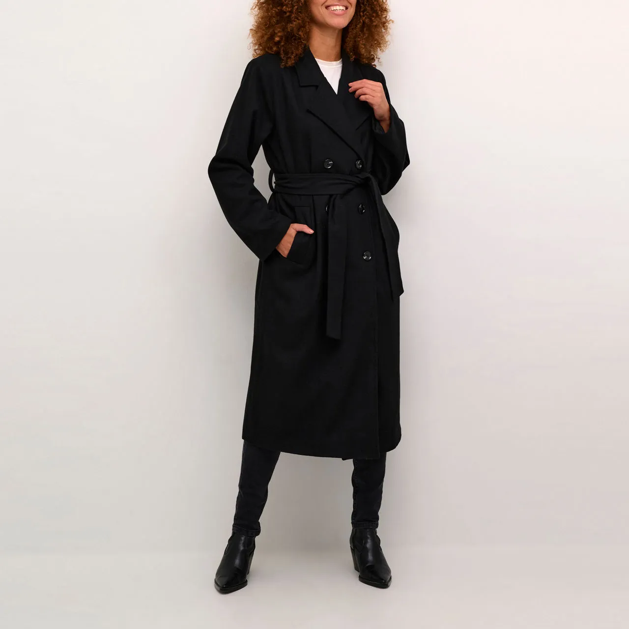 KAFFE Fanny Double-Breasted Belted Coat - Black