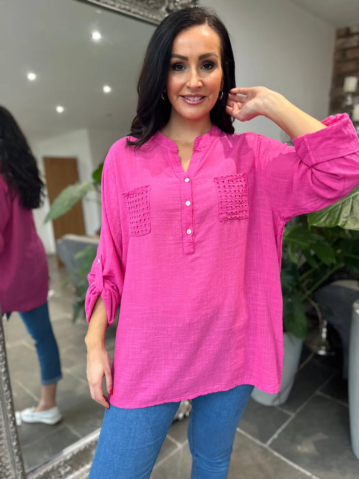 Lipstick Pink Multi Hole Button Sleeve Blouse Val