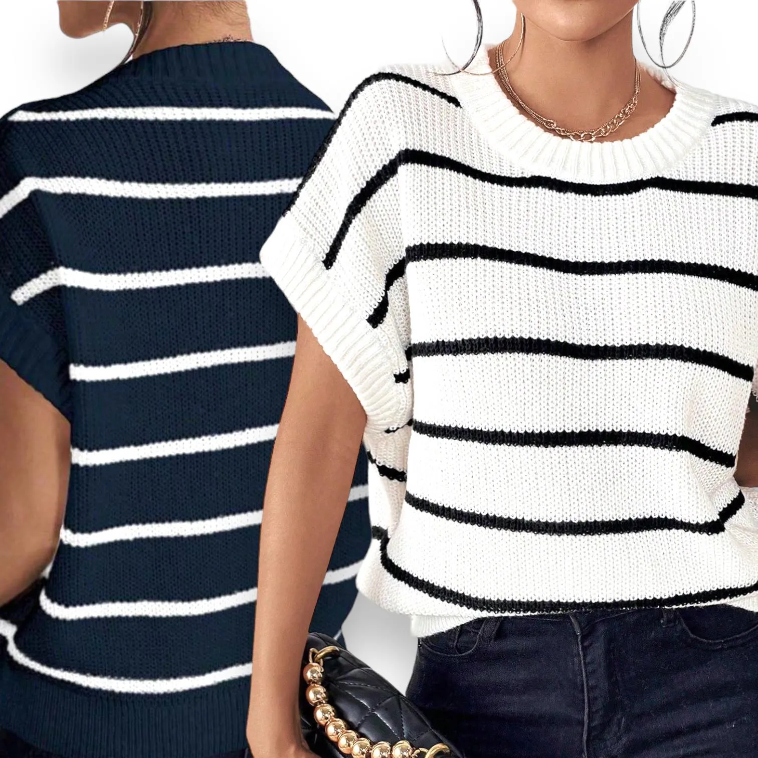 LOOM Knitted Stripes Round Neck Nautical Square Top