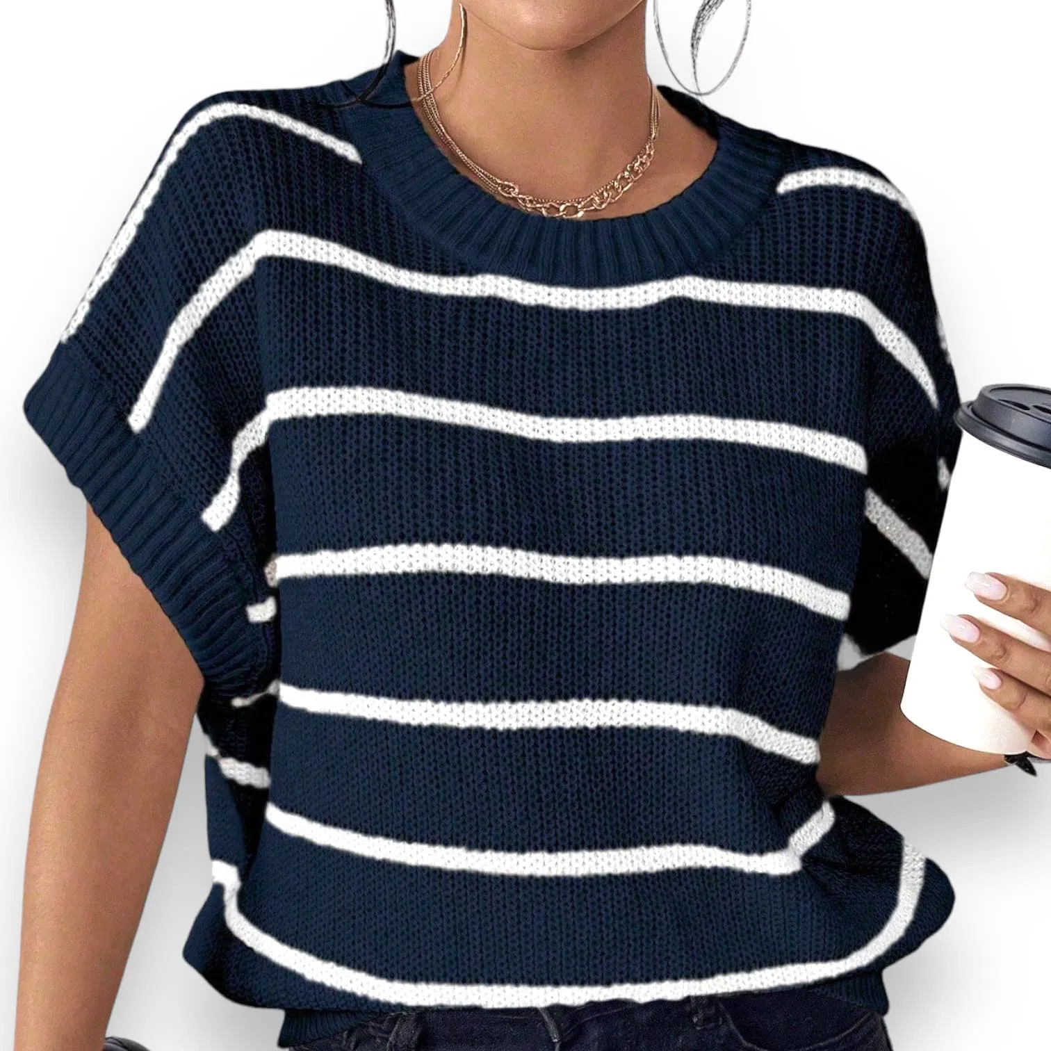 LOOM Knitted Stripes Round Neck Nautical Square Top