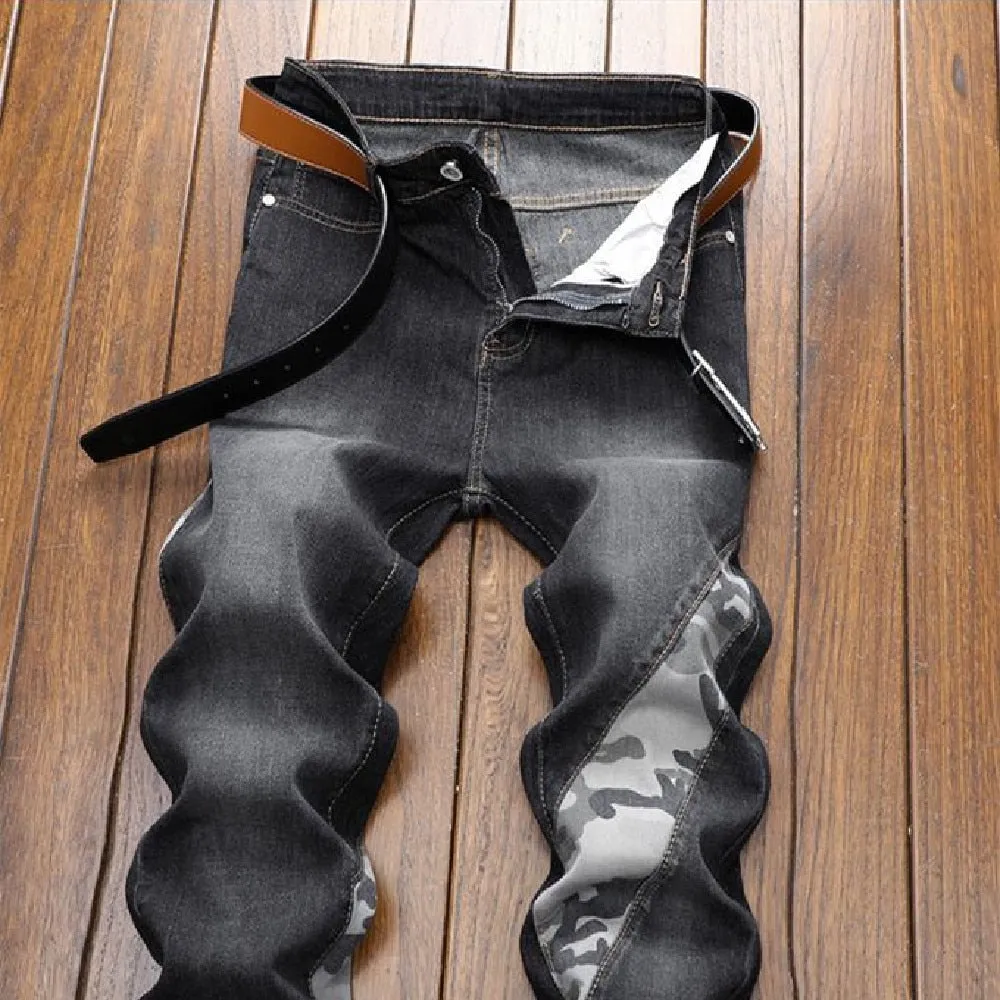 Men’s American Casual Spliced Patchwork Mid Waist Stretch Skinny Trousers