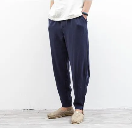 Men's Linen Casual Summer Elastic Waist Loose Fit Harem Trousers