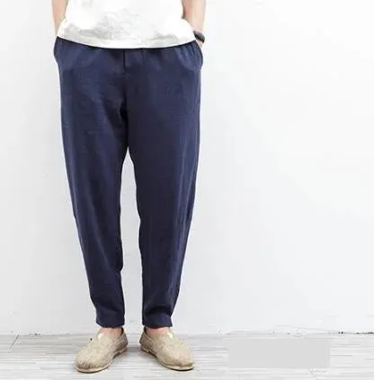 Men's Linen Casual Summer Elastic Waist Loose Fit Harem Trousers