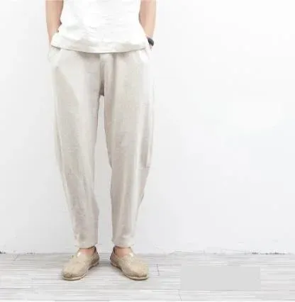 Men's Linen Casual Summer Elastic Waist Loose Fit Harem Trousers