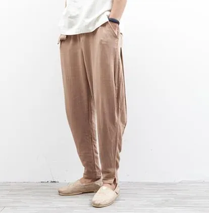 Men's Linen Casual Summer Elastic Waist Loose Fit Harem Trousers