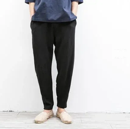 Men's Linen Casual Summer Elastic Waist Loose Fit Harem Trousers