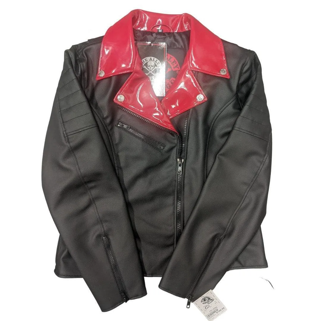 Miyuki Classic Vegan  Moto Jacket with Wet Look Red Collar Detail