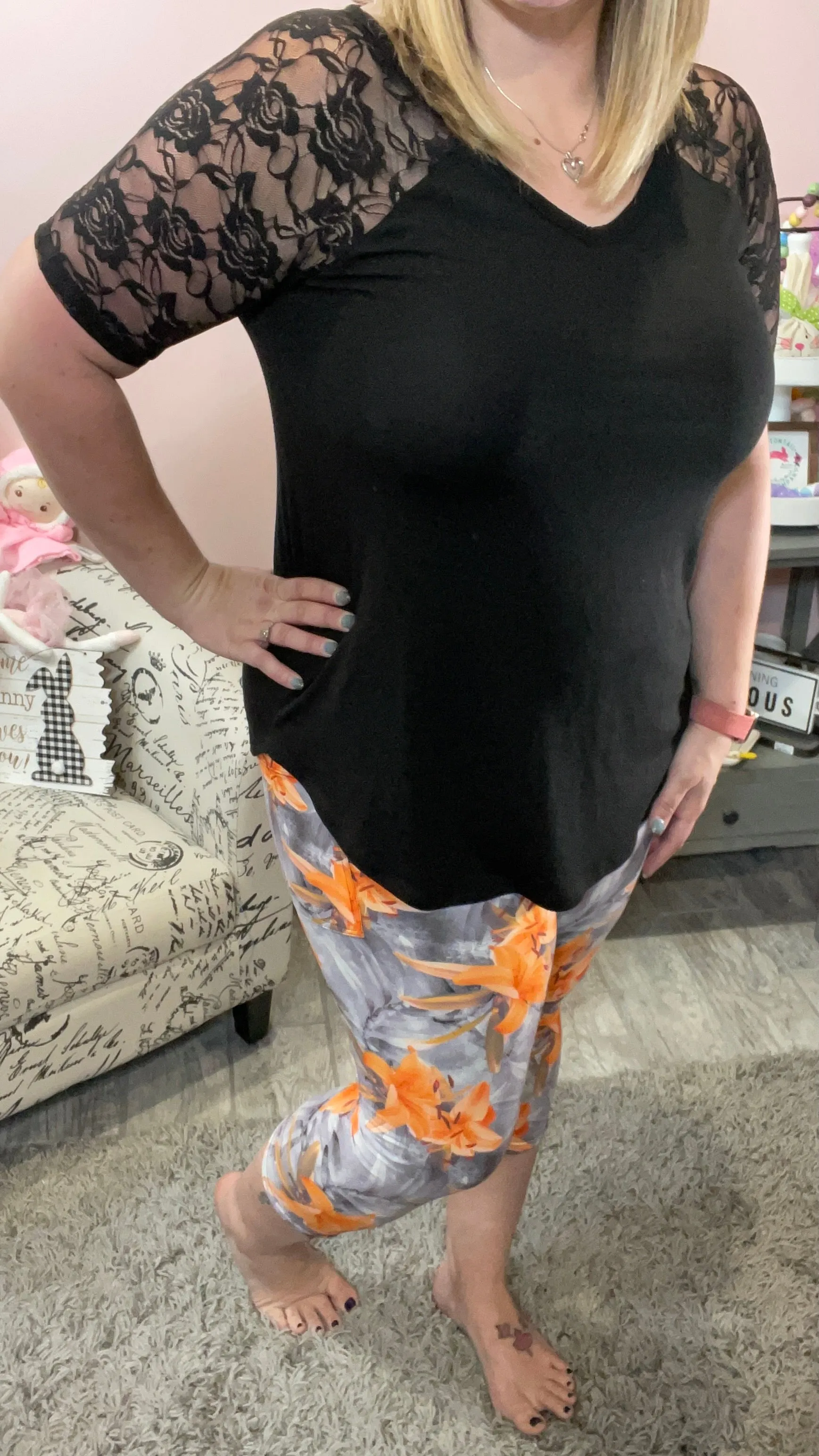 Orange and Gray Flower Capri Legging with Pockets