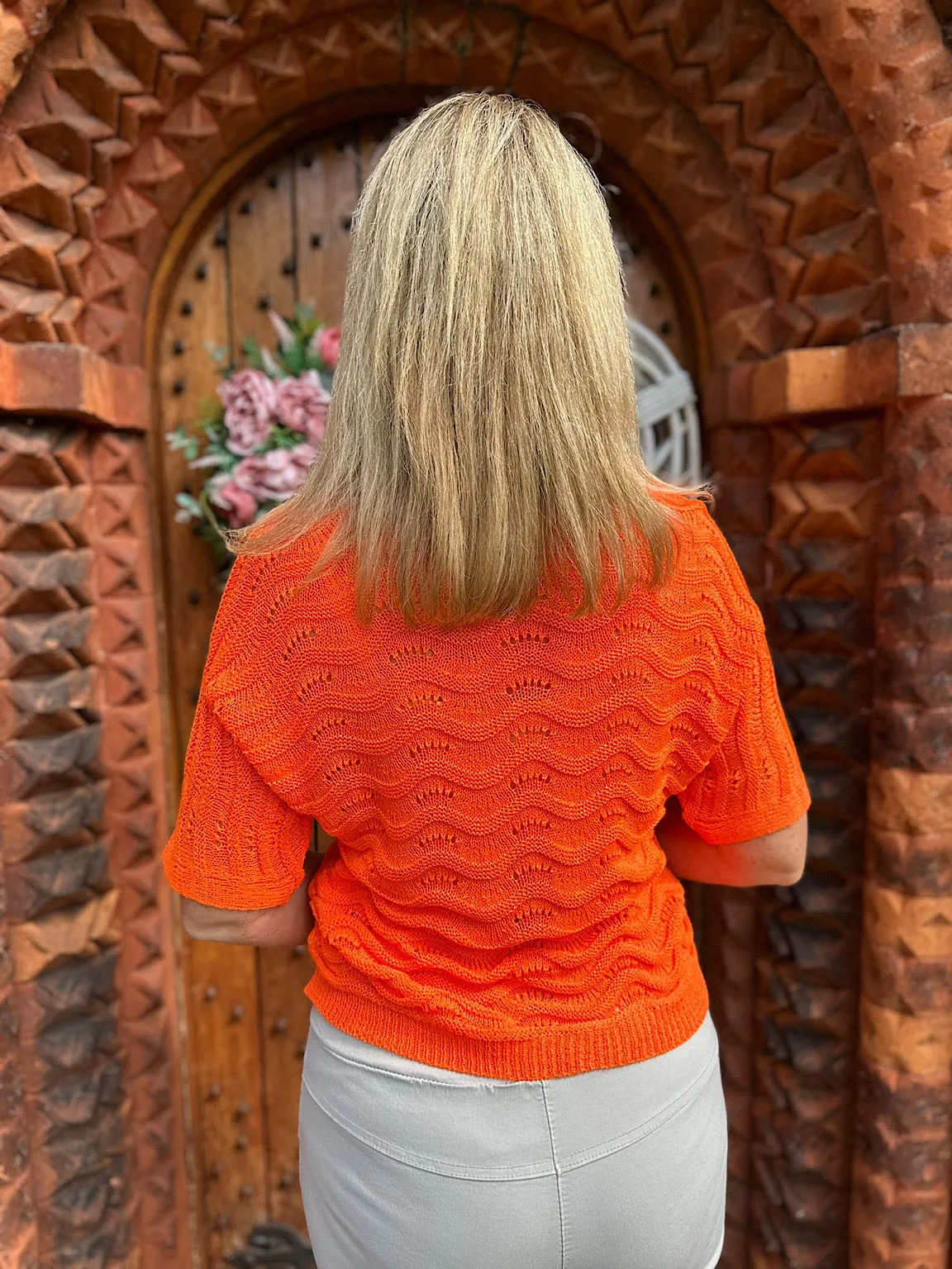 Orange Wavy Knit Short Sleeve Sharon