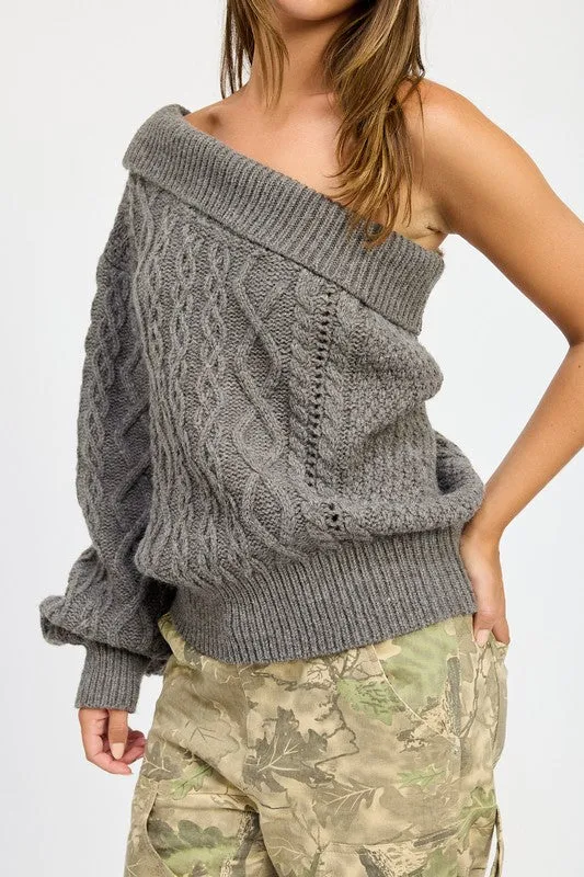 OVERSIZED CABLE KNIT ONE SHOULDER SWEATER