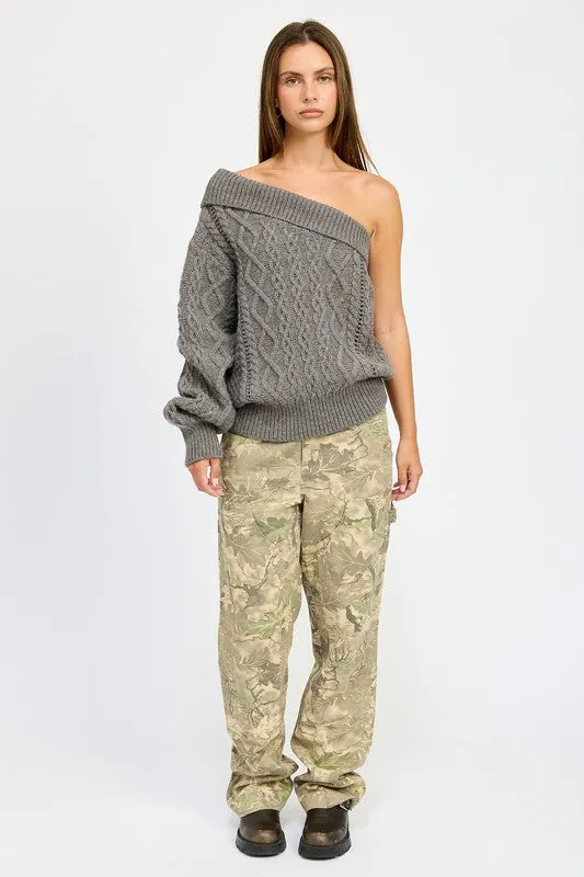 OVERSIZED CABLE KNIT ONE SHOULDER SWEATER