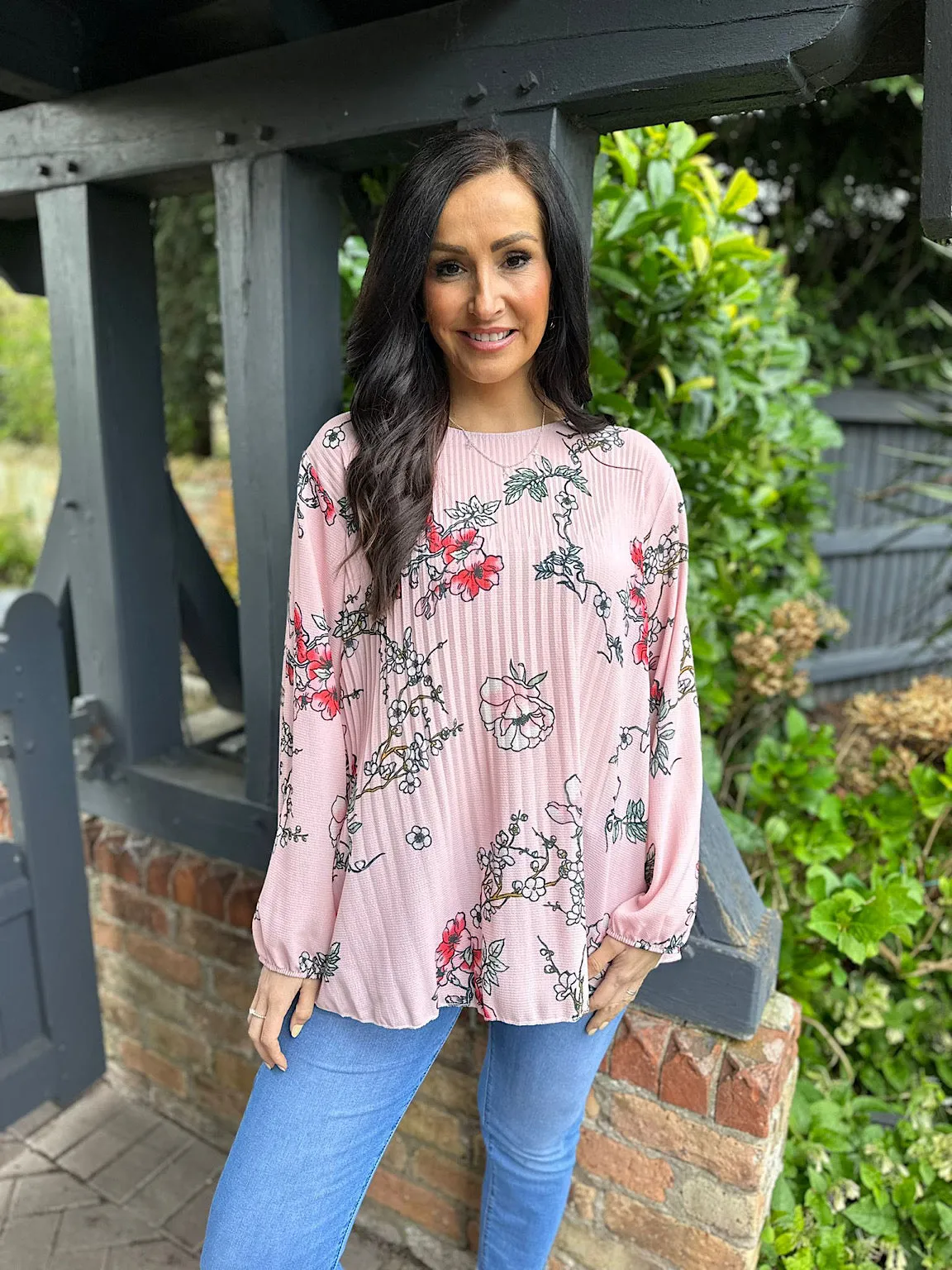 Pink Floral Pleated Blouse Bethany