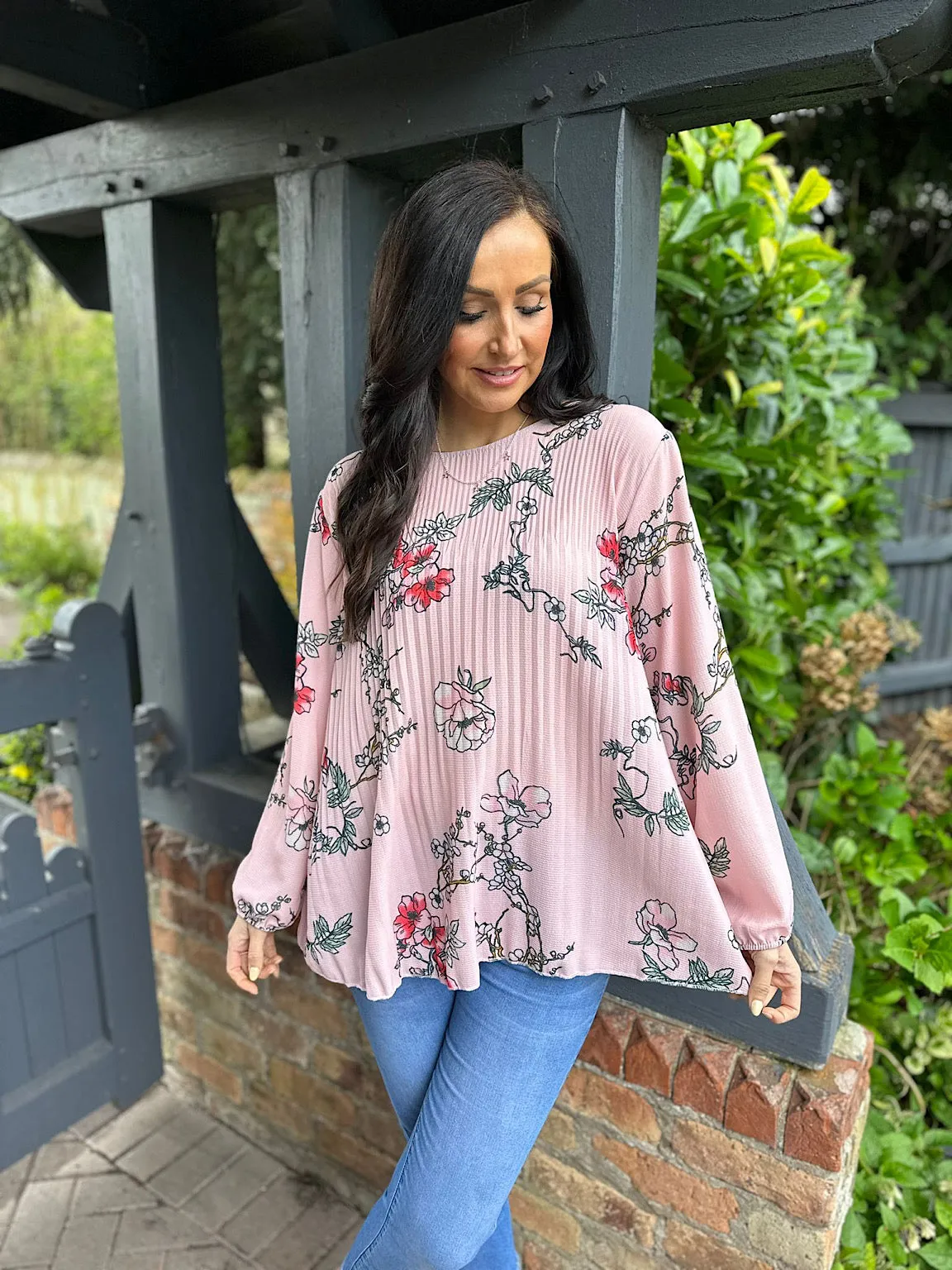 Pink Floral Pleated Blouse Bethany