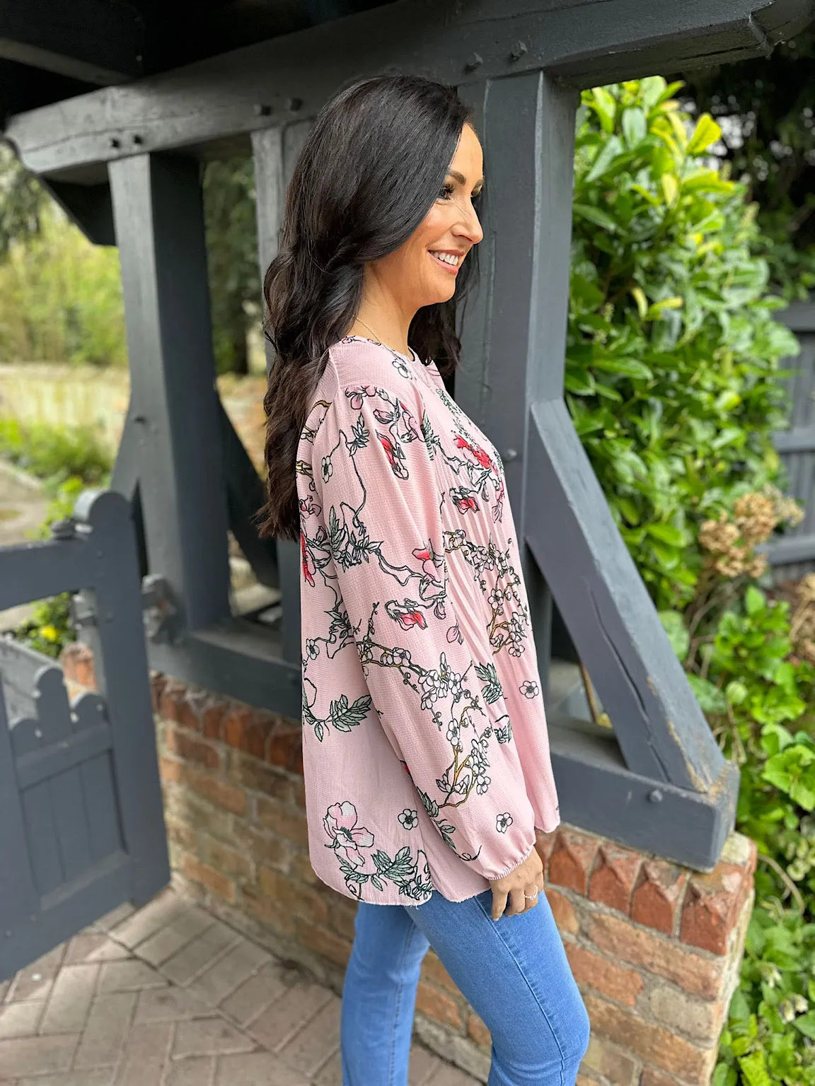 Pink Floral Pleated Blouse Bethany