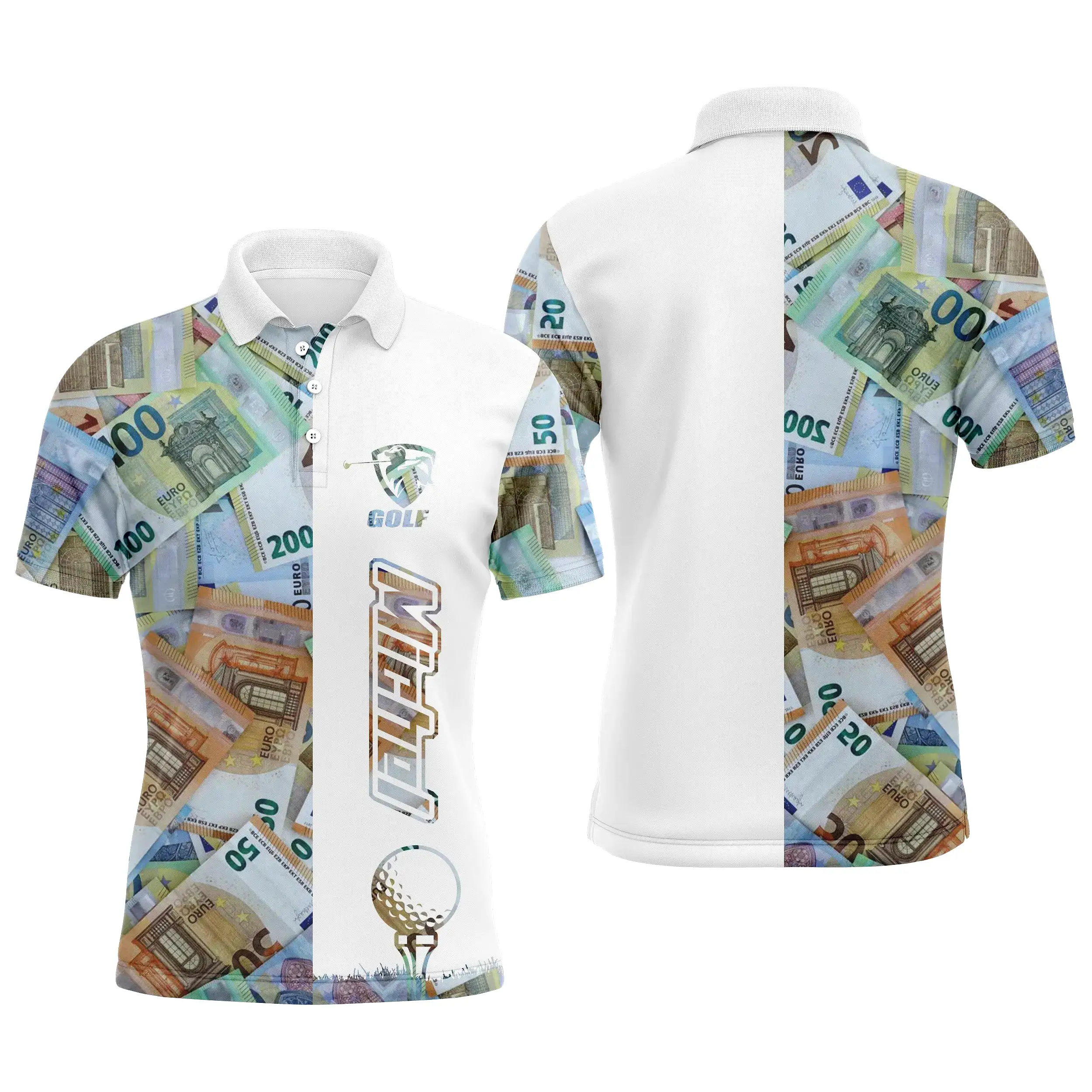 Polo de Golf Personnalisé, Motif Euro, Argent, Golfeur, Golfeuse, Balle de Golf, Polo à Séchage Rapide - CTS18052211