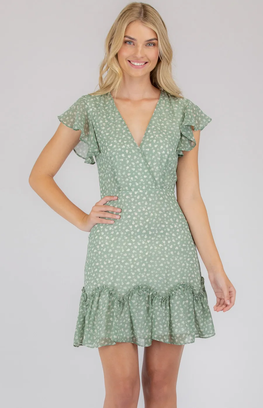 Printed V-neckline Dress with Ruffle Details (SDR702B)