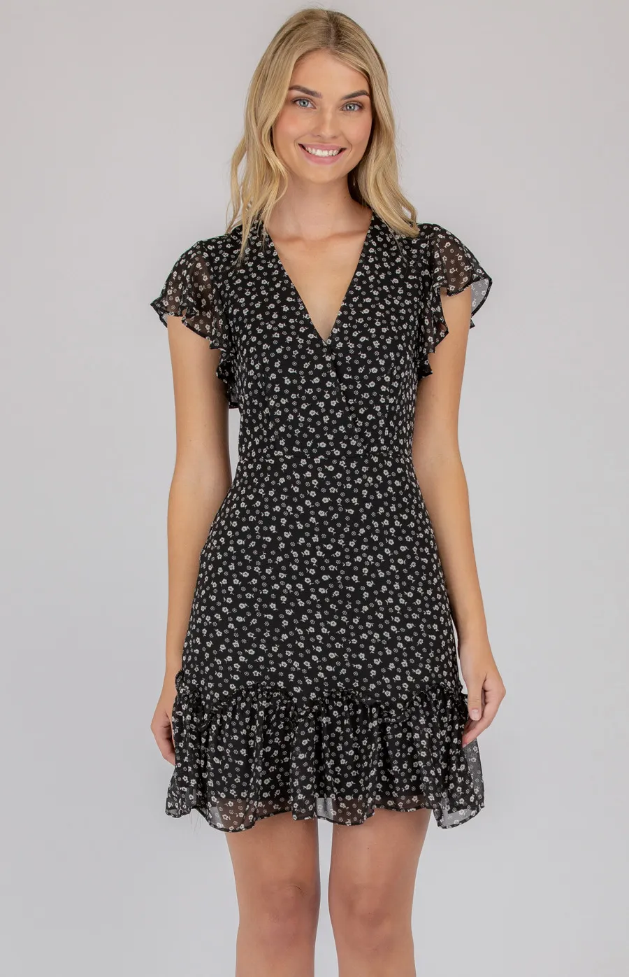 Printed V-neckline Dress with Ruffle Details (SDR702B)