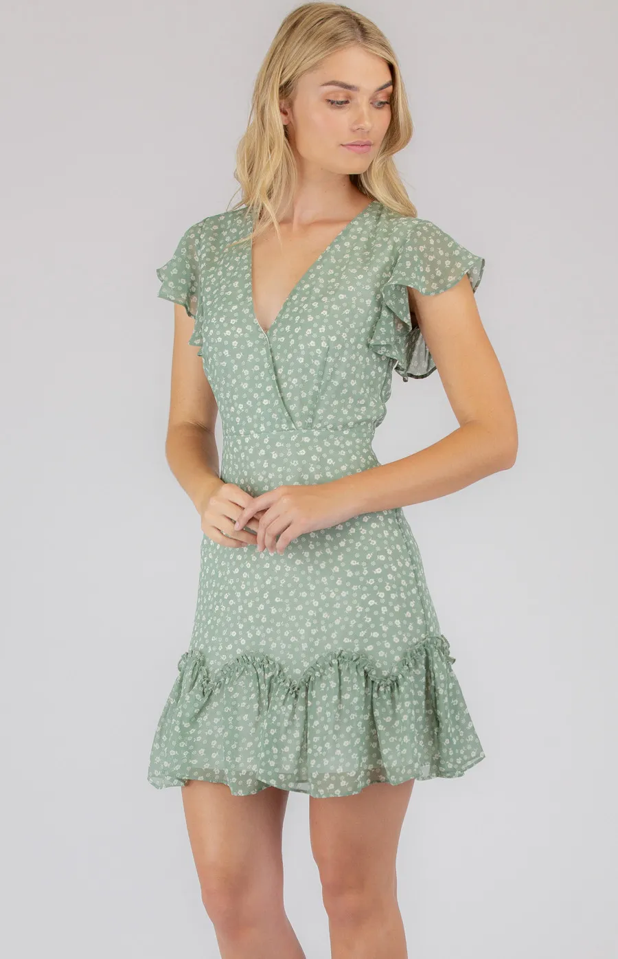 Printed V-neckline Dress with Ruffle Details (SDR702B)