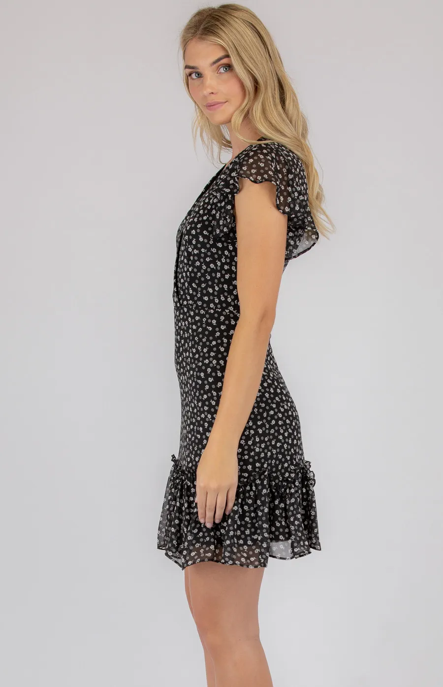 Printed V-neckline Dress with Ruffle Details (SDR702B)