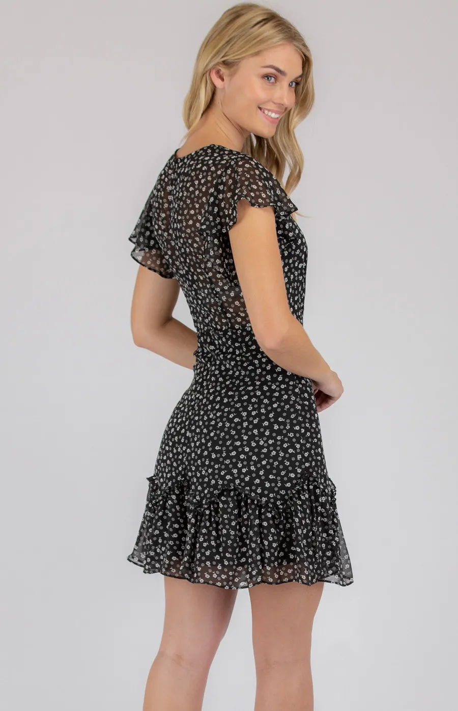 Printed V-neckline Dress with Ruffle Details (SDR702B)