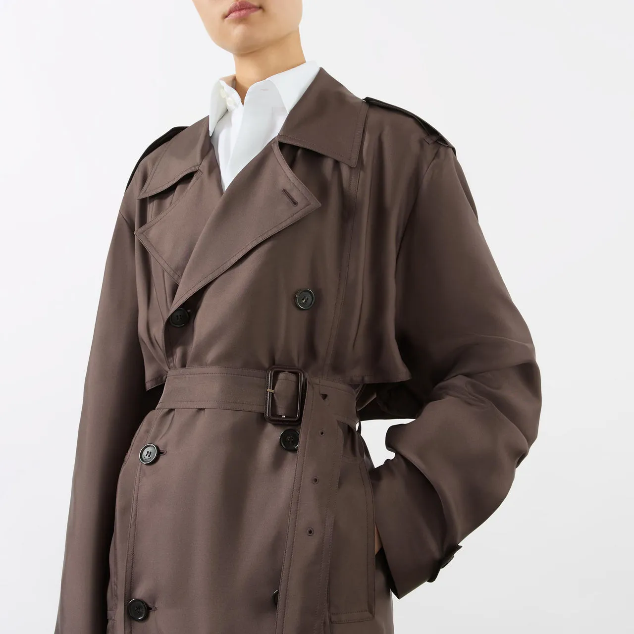 SAINT LAURENT Double-Breasted Belted Trench Coat - Noisette