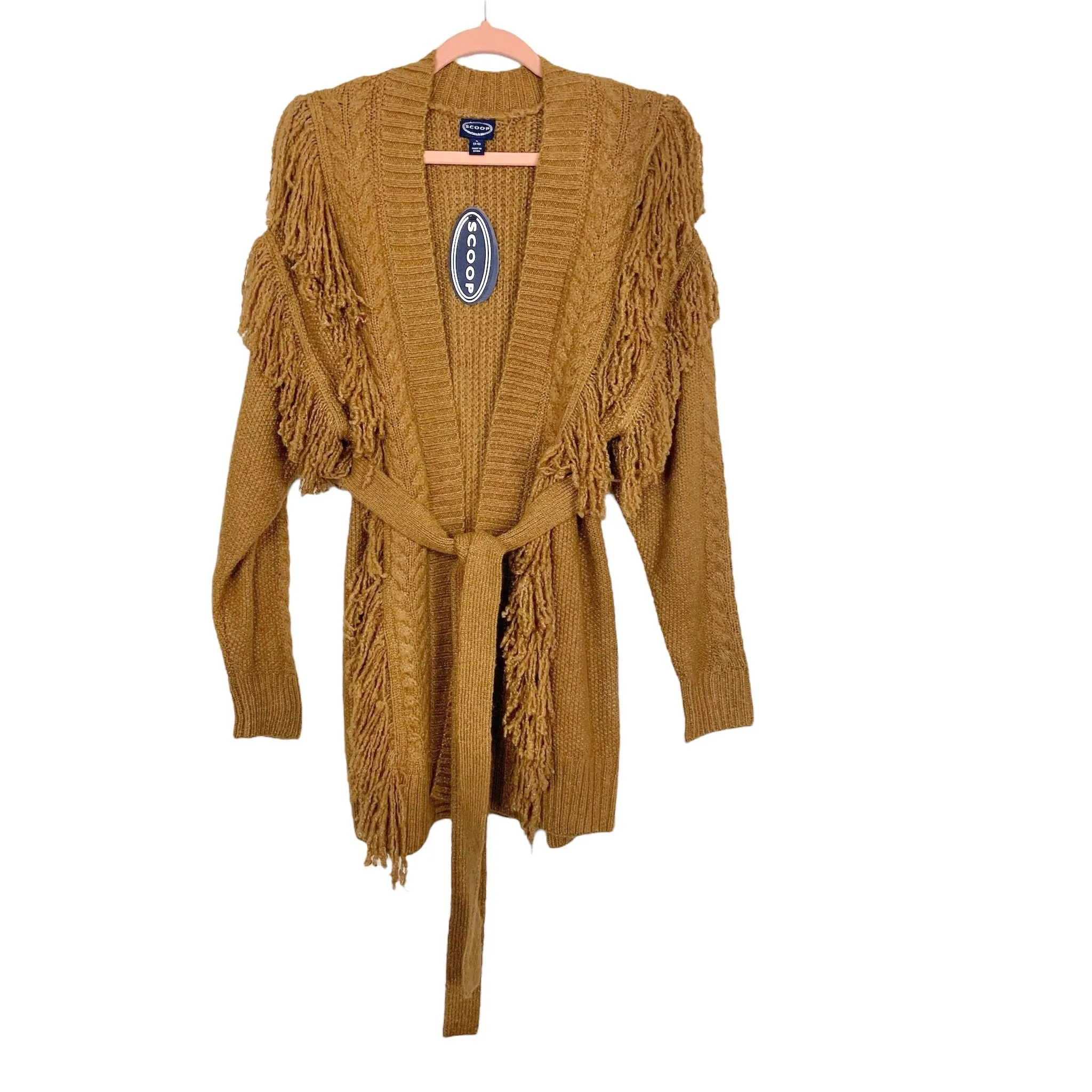 Scoop Caramel Fringe Belted Sweater Cardigan NWT- Size S