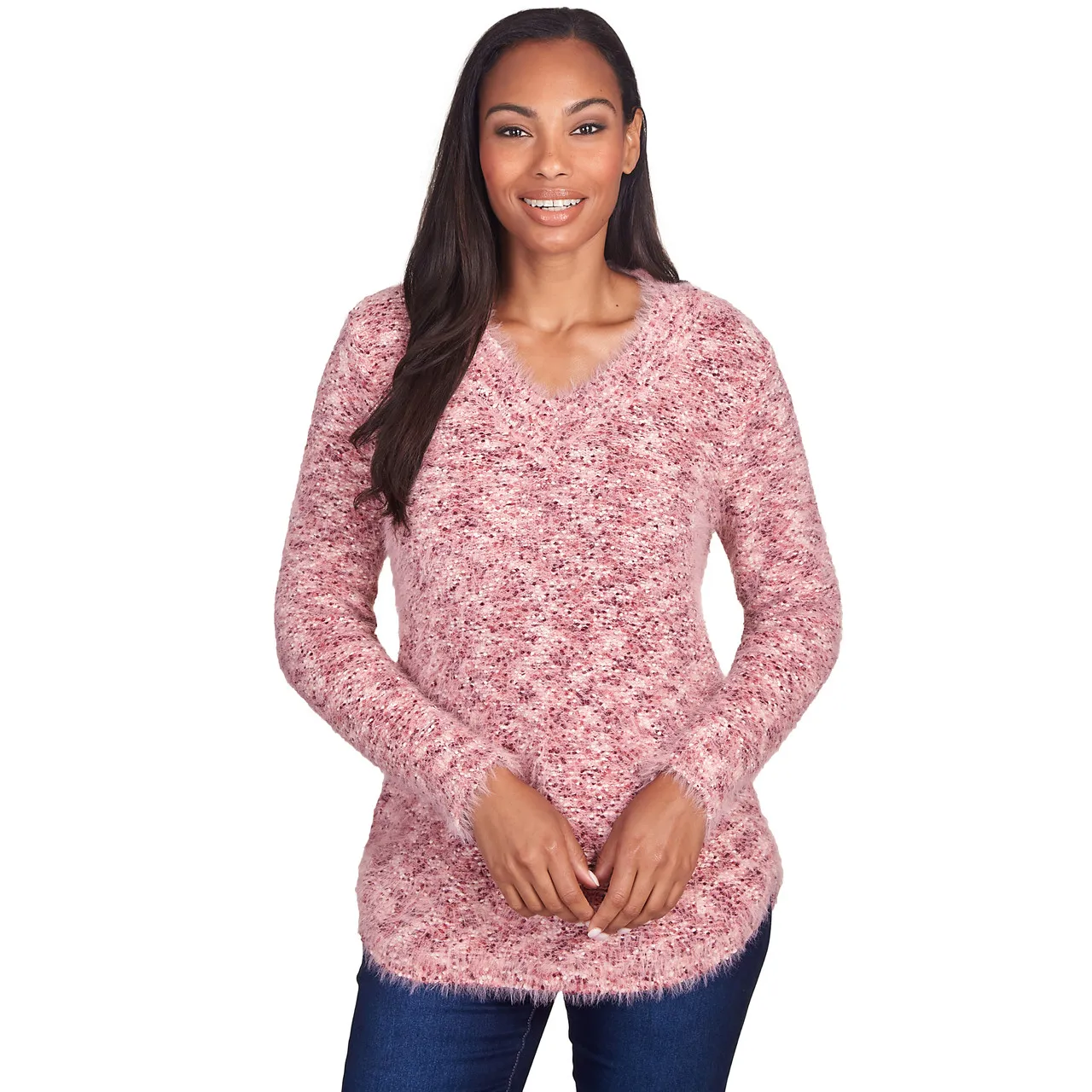 SKYE'S THE LIMIT SWEATER *MISSY* LONG SLEEVE VNECK SPECKLED HAIR