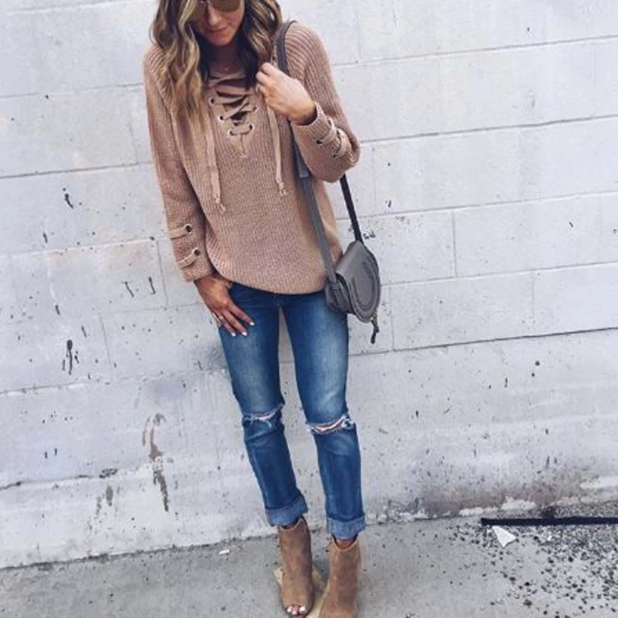 Stevie Lace-Up Sweater in Olive (wholesale)