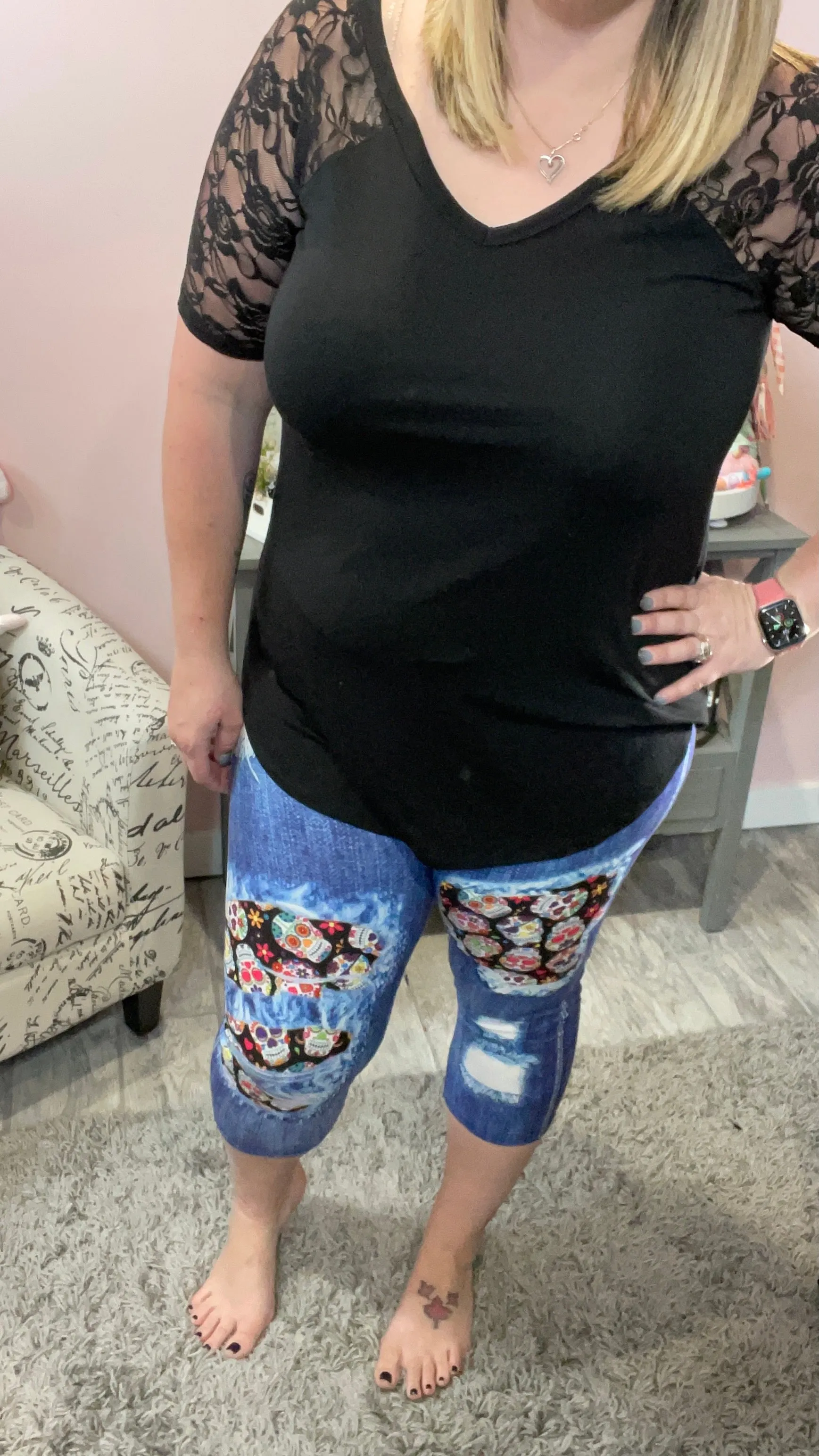 Sugar Skull Patched Capri Legging