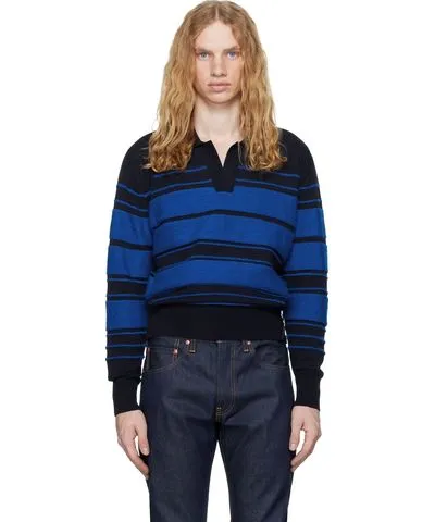 SUNNEI Blue Striped Knit Long Sleeve Polo