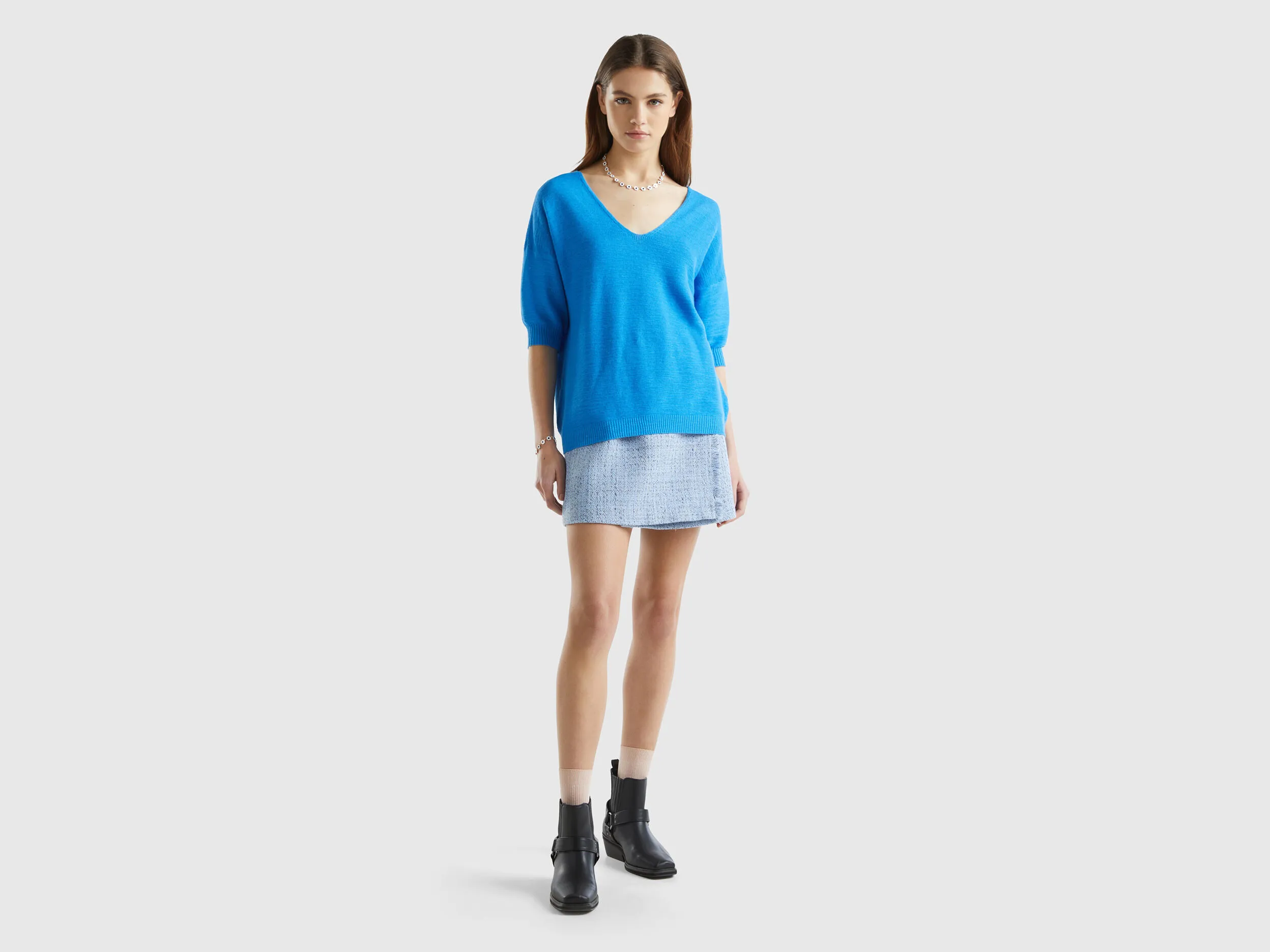 Sweater in linen and cotton blend - Blue | Benetton