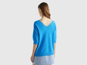 Sweater in linen and cotton blend - Blue | Benetton