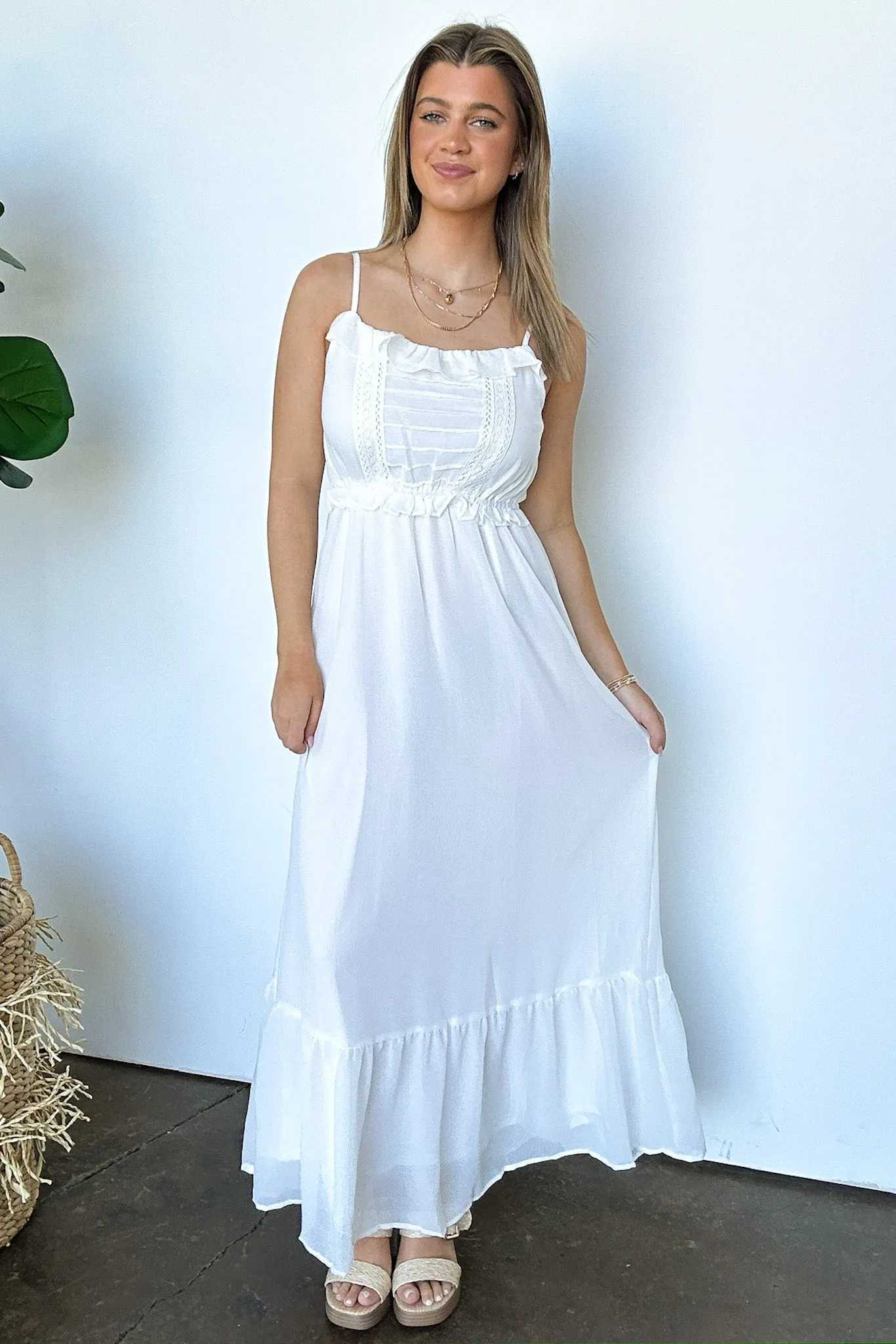 Sweetly Elevated Ruffle and Lace Detail Maxi Dress