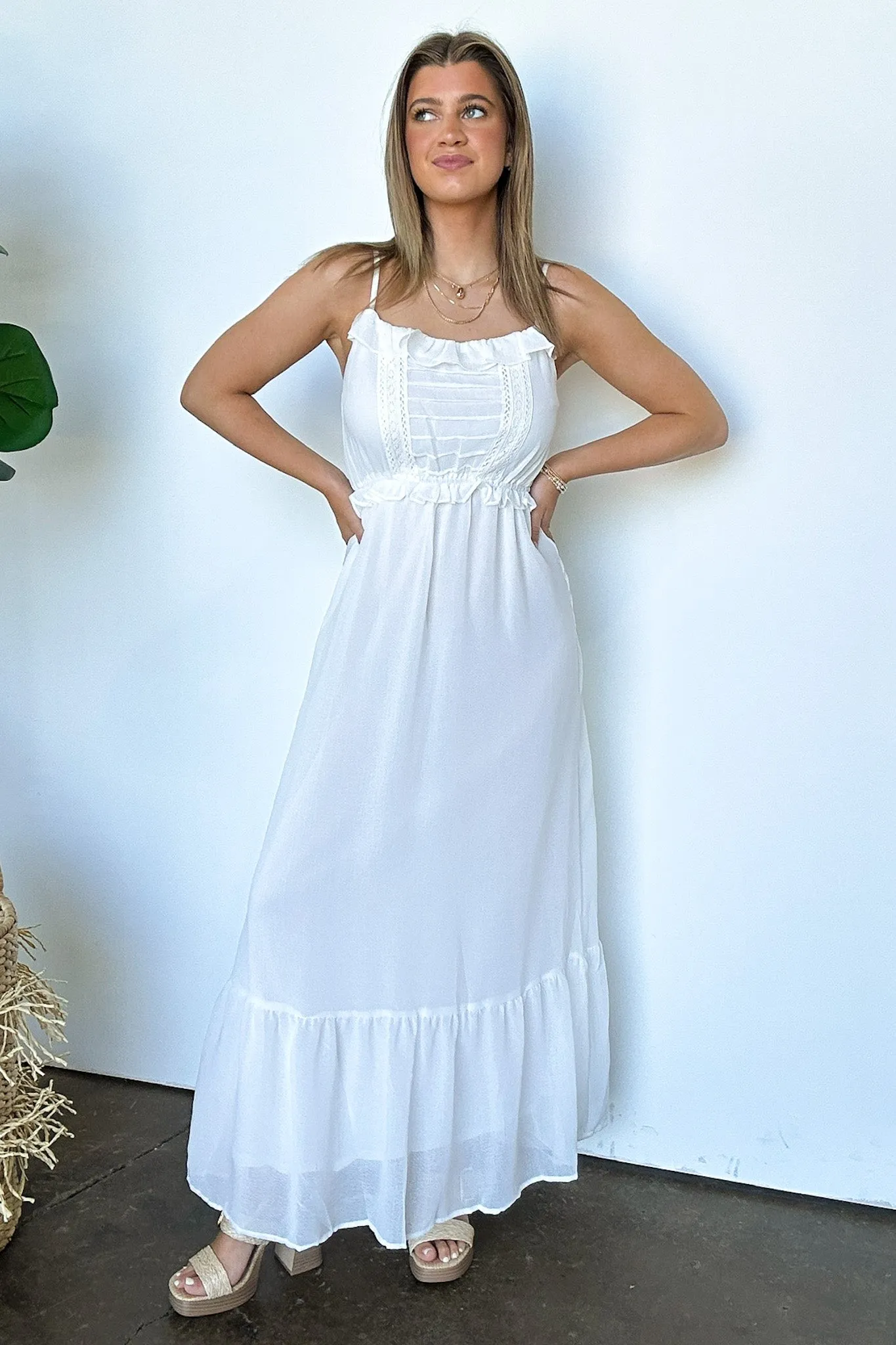 Sweetly Elevated Ruffle and Lace Detail Maxi Dress