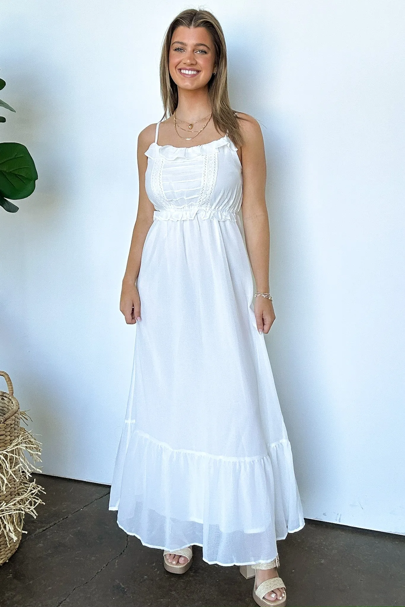 Sweetly Elevated Ruffle and Lace Detail Maxi Dress