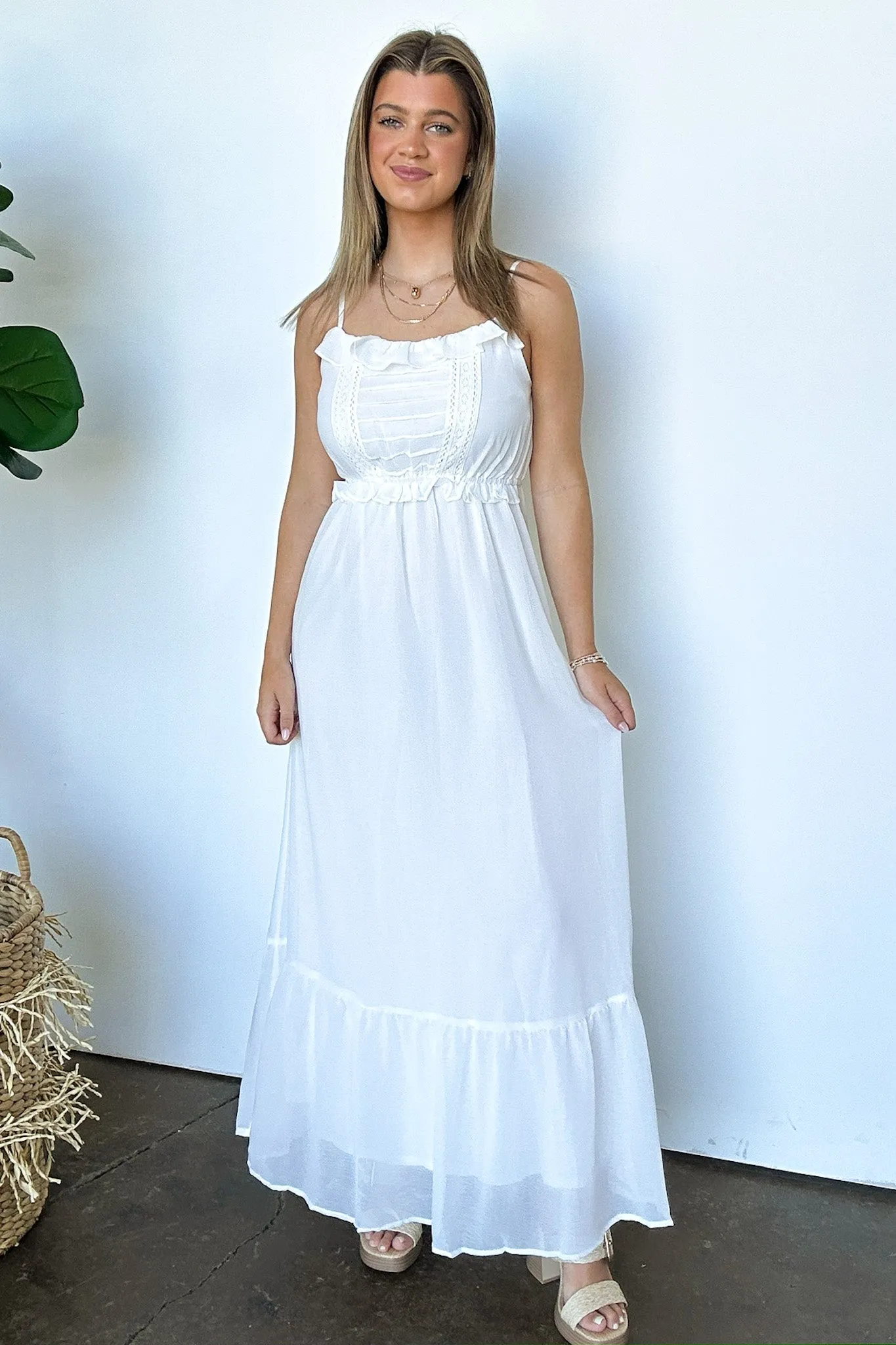 Sweetly Elevated Ruffle and Lace Detail Maxi Dress