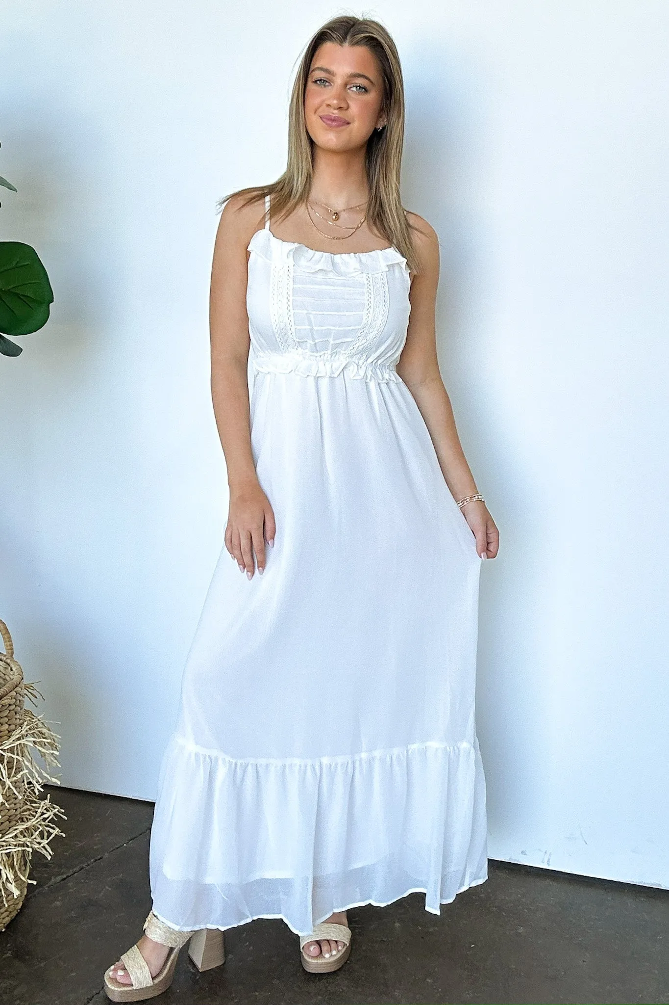 Sweetly Elevated Ruffle and Lace Detail Maxi Dress