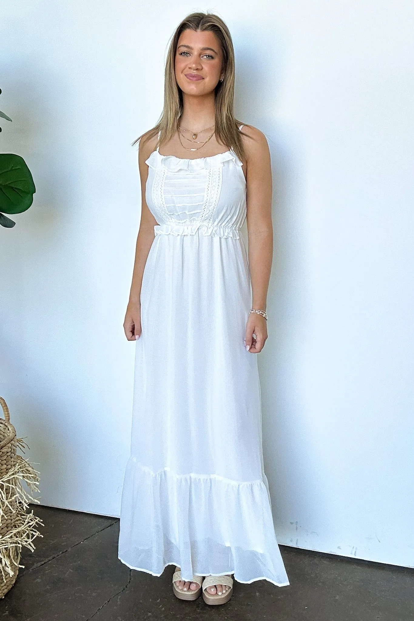 Sweetly Elevated Ruffle and Lace Detail Maxi Dress