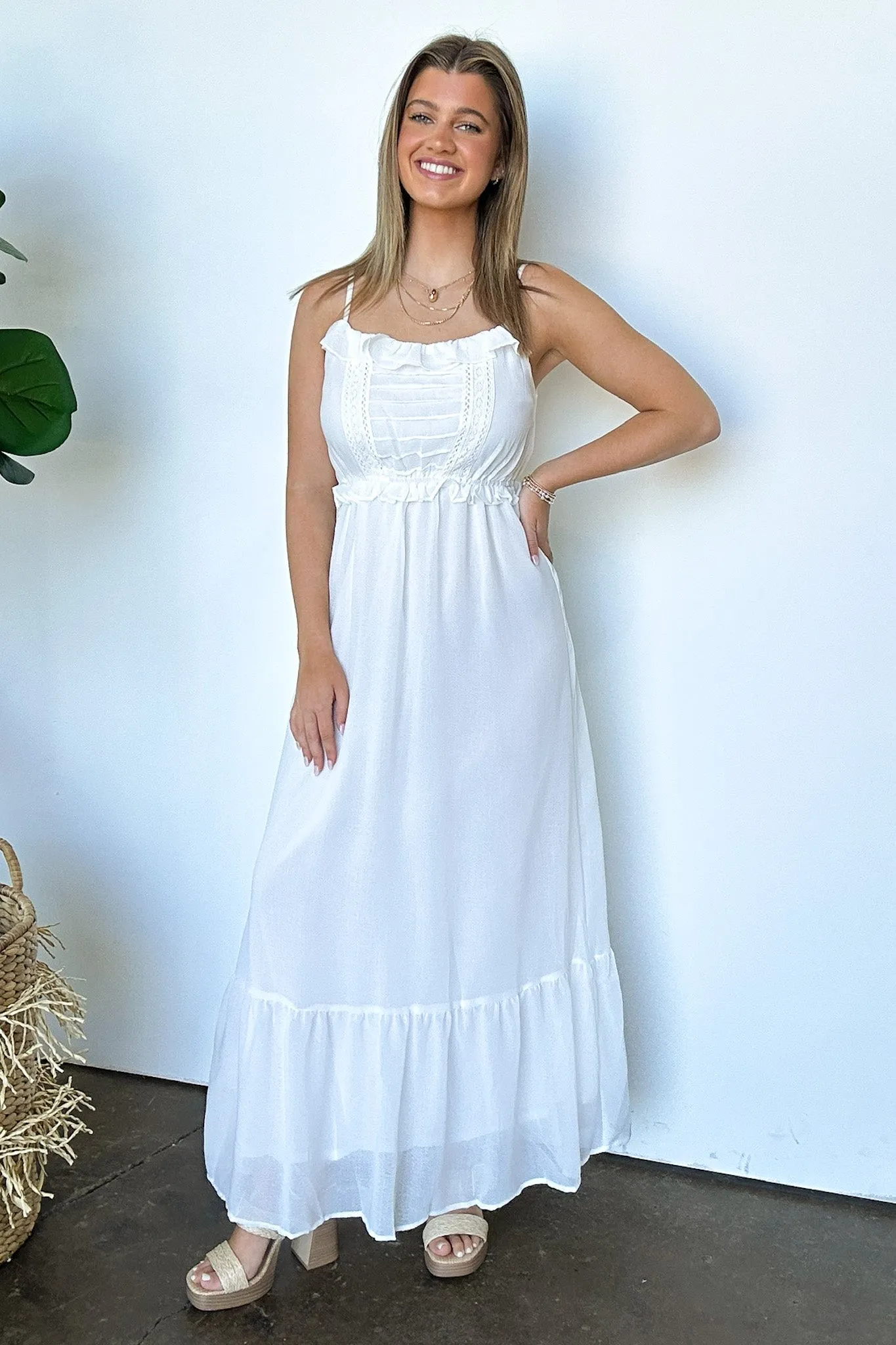 Sweetly Elevated Ruffle and Lace Detail Maxi Dress