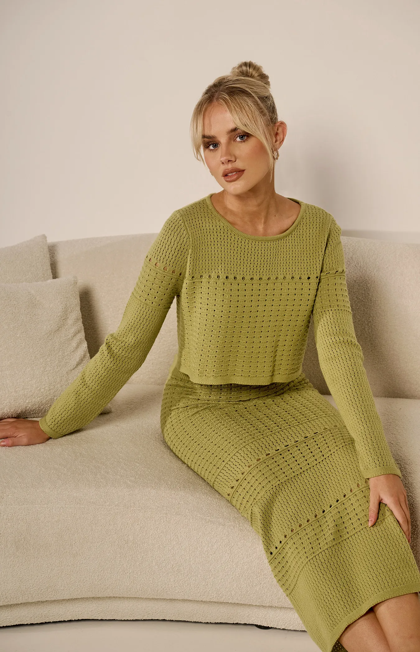 Textured Crochet Knit Top And Skirt Set (WKN649)