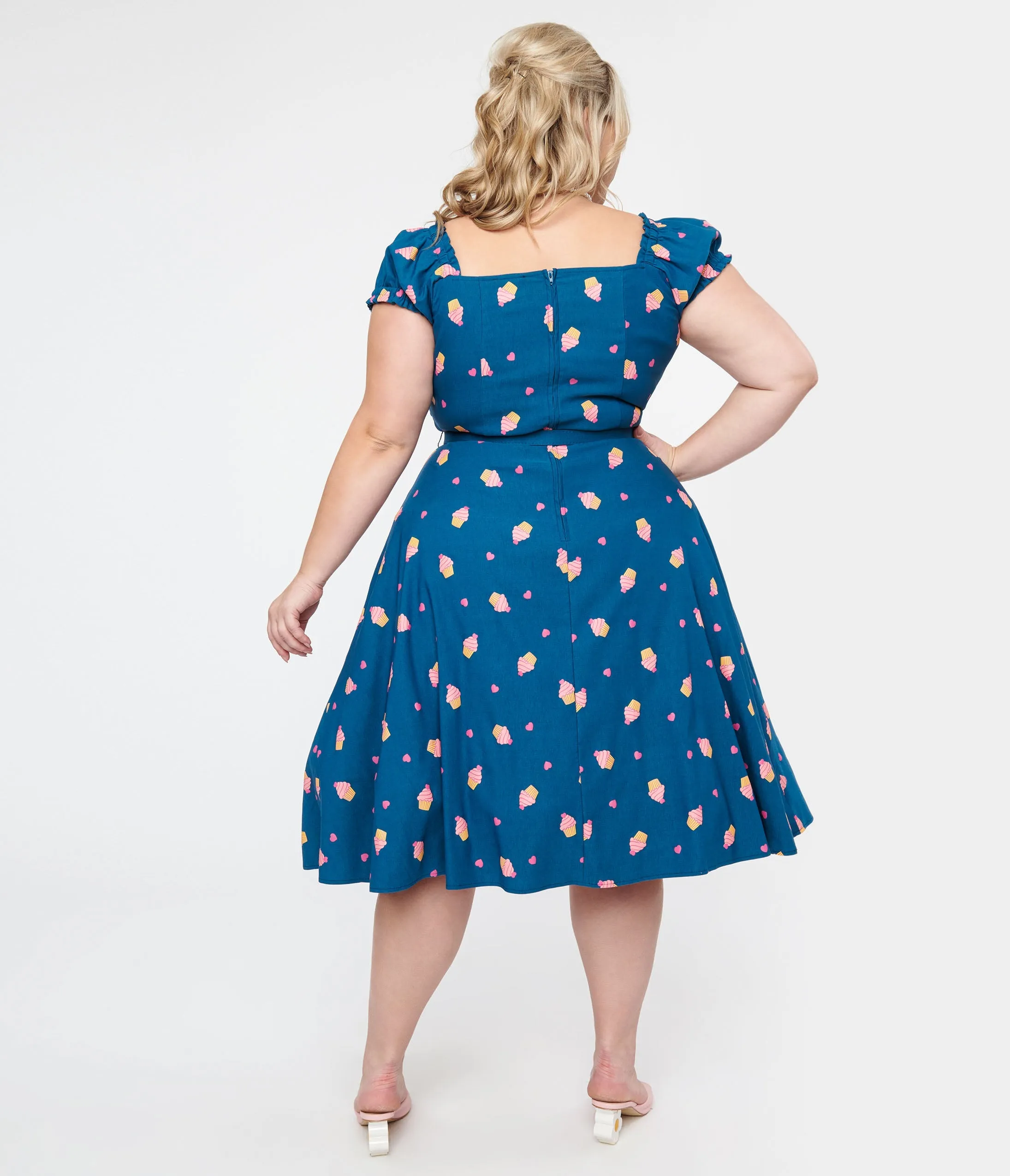 Unique Vintage Plus Size 1950s Teal & Cupcake Stamp Ohara Swing Dress