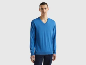 V-neck sweater in pure cotton - Blue | Benetton