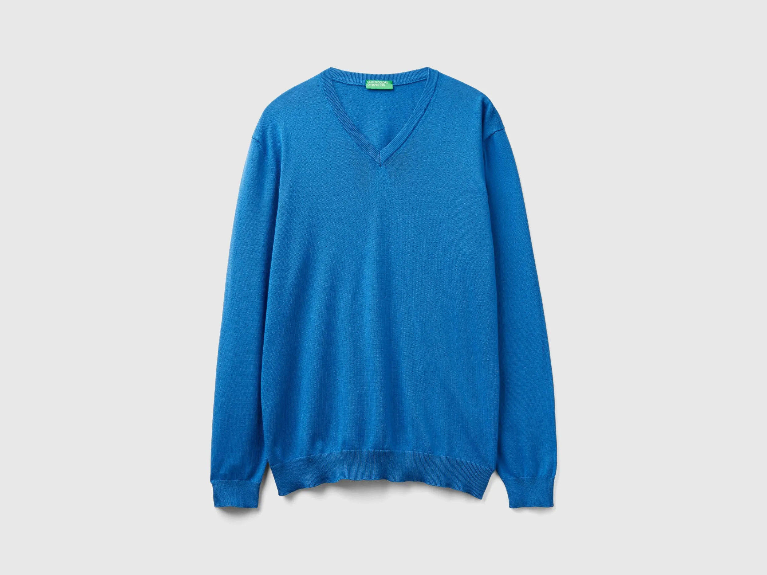 V-neck sweater in pure cotton - Blue | Benetton