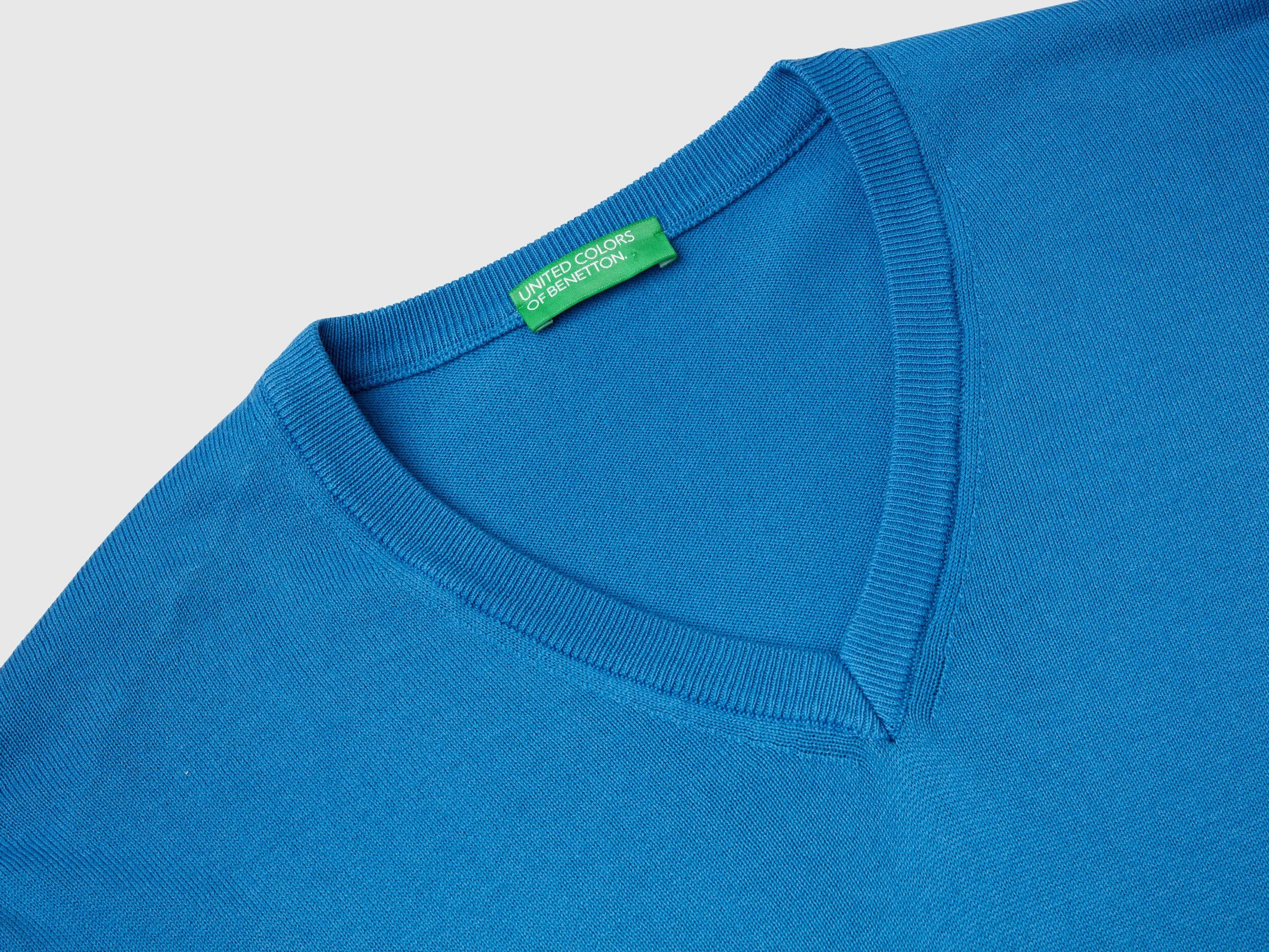 V-neck sweater in pure cotton - Blue | Benetton