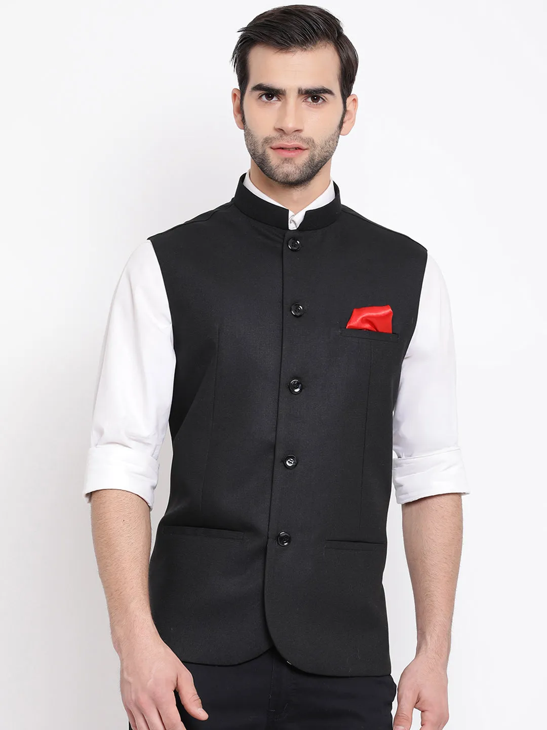 VASTRAMAY Men's Black Cotton Silk Blend Nehru Jacket