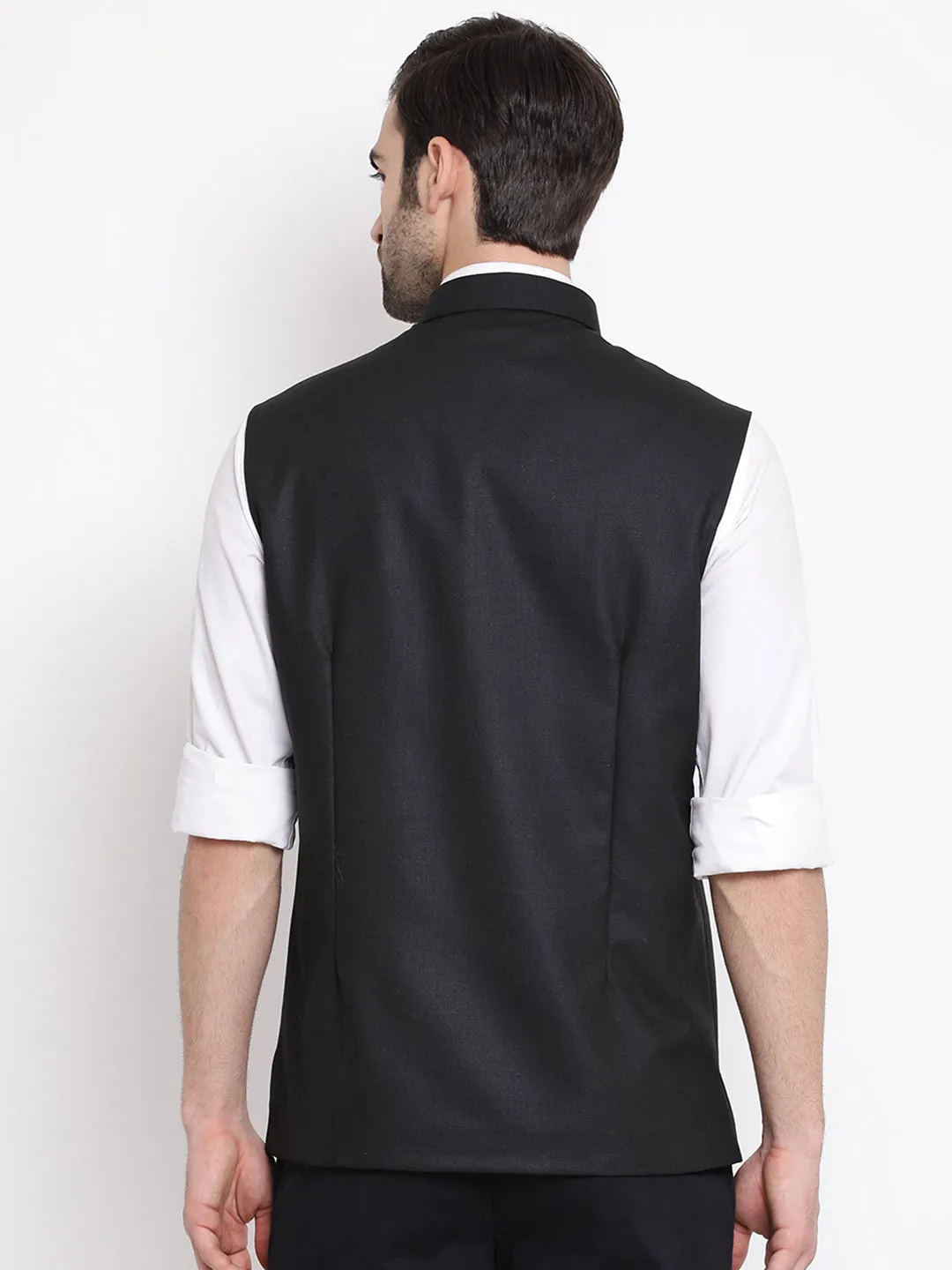 VASTRAMAY Men's Black Cotton Silk Blend Nehru Jacket