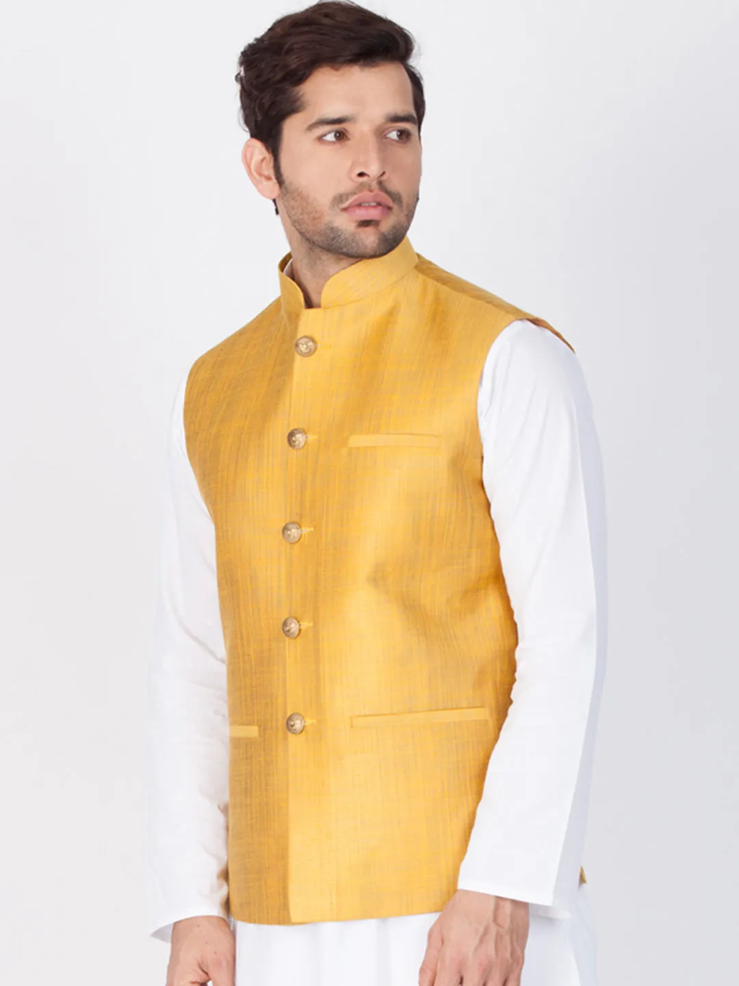 VASTRAMAY Men's Gold Cotton Blend Ethnic Jacket