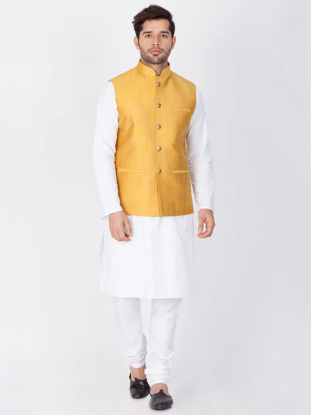 VASTRAMAY Men's Gold Cotton Blend Ethnic Jacket