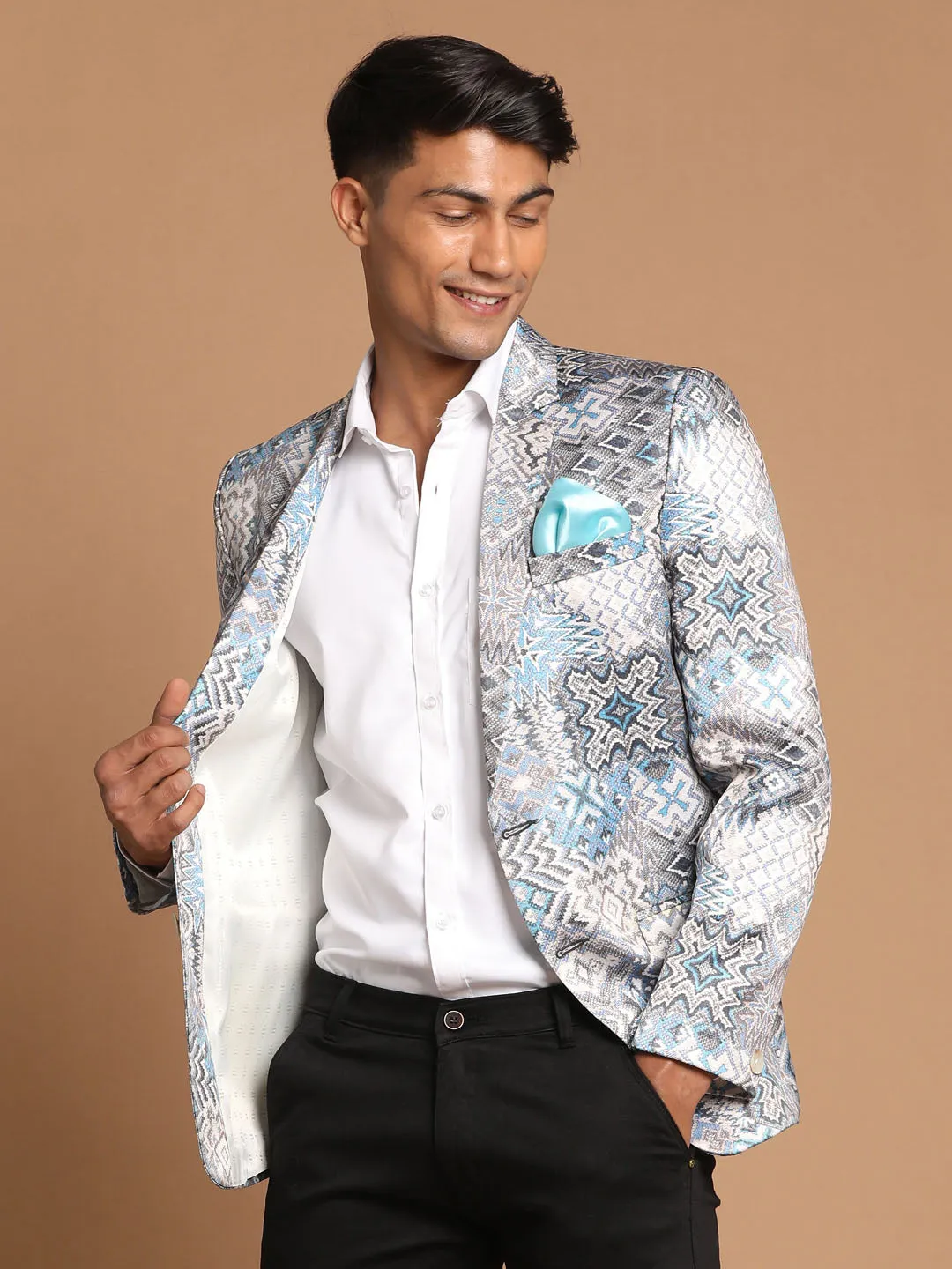 VASTRAMAY Men's Gray Multi-Color Printed  Silk Blend Blazer